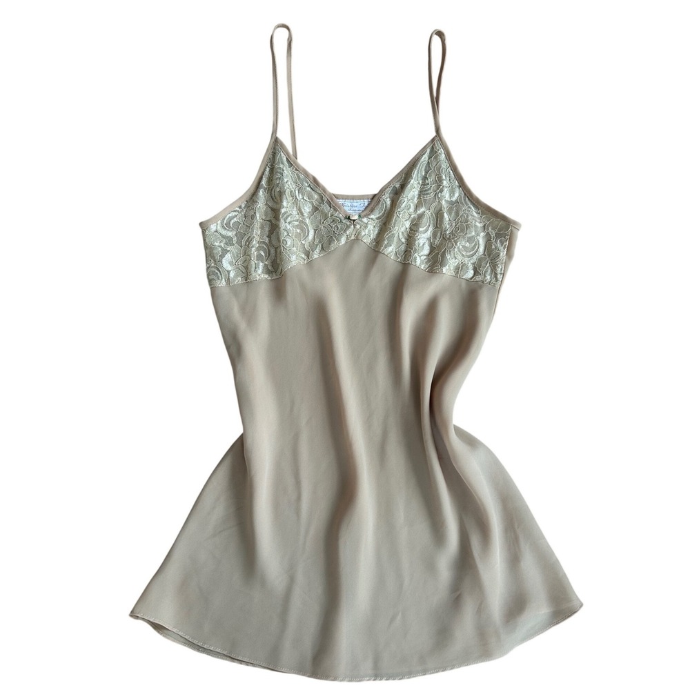 Vtg 80s Lace Babydoll Chemise mini slip dress Tan Beige L sexy floral appliqué